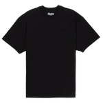 Black t-shirt with a brand logo on a white background