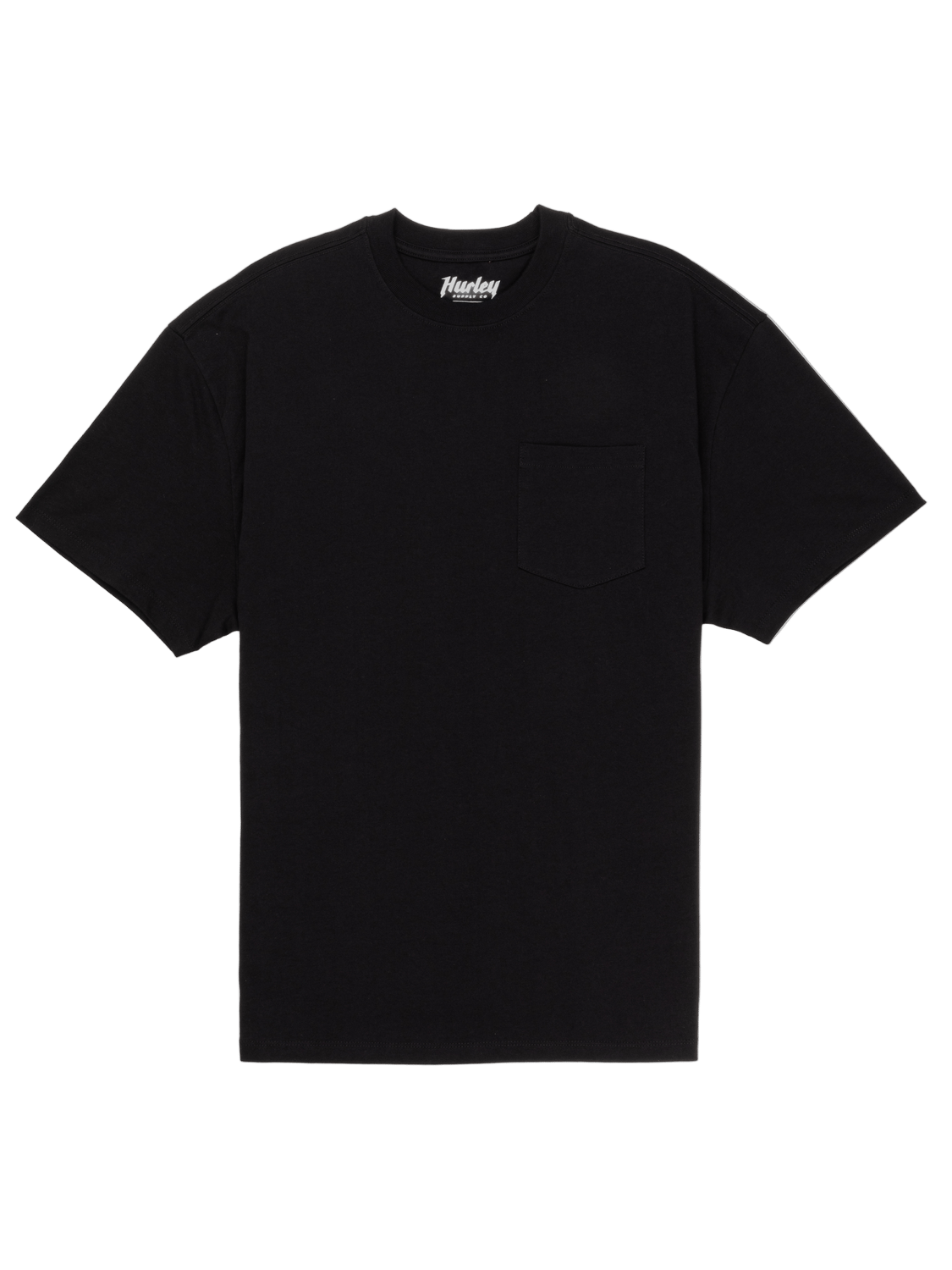 Black t-shirt with a brand logo on a white background