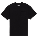 Black t-shirt with a brand logo on a white background