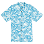 Blue shirt with white palm tree pattern on a white background