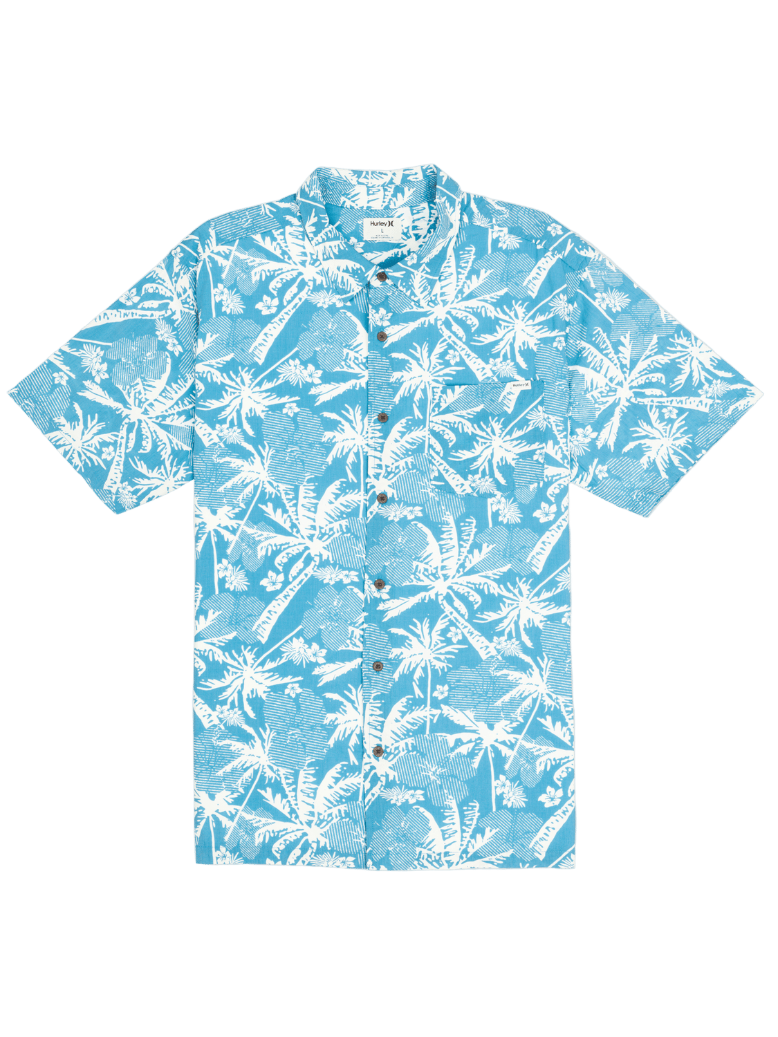 Blue shirt with white palm tree pattern on a white background