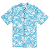 Blue shirt with white palm tree pattern on a white background