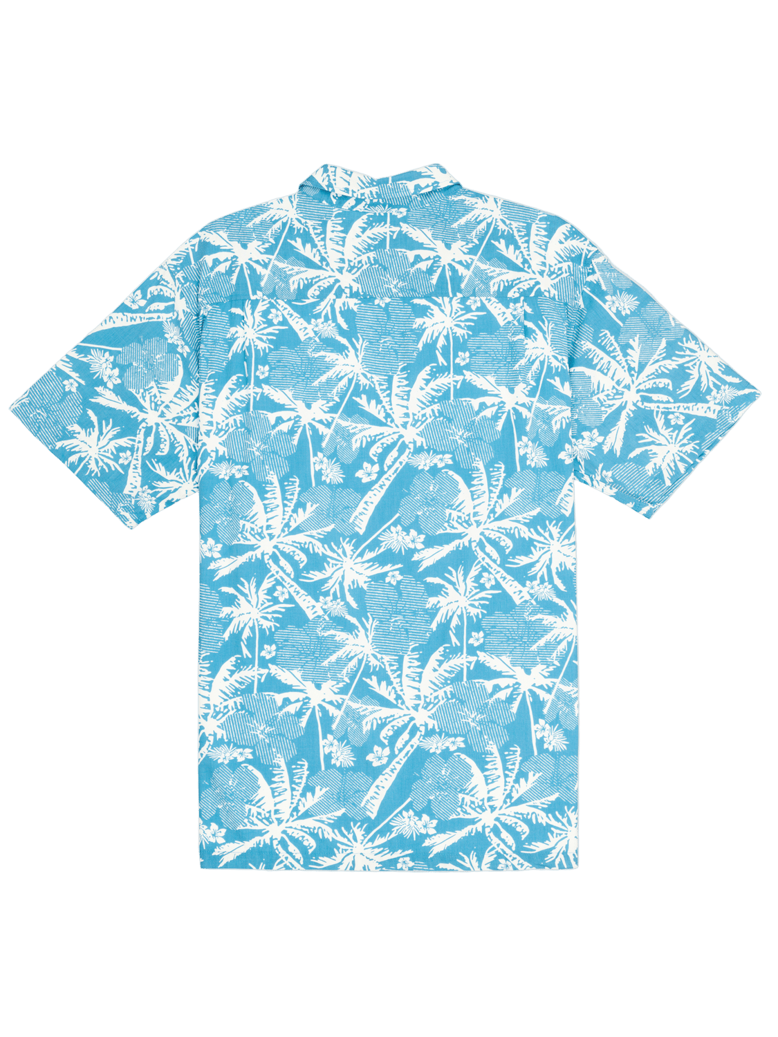 Blue shirt with white palm tree pattern on a white background