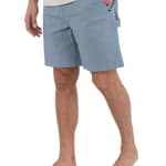 Person wearing light blue shorts on a white background