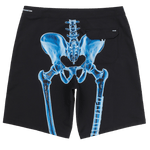 Black shorts with blue skeleton design on a white background