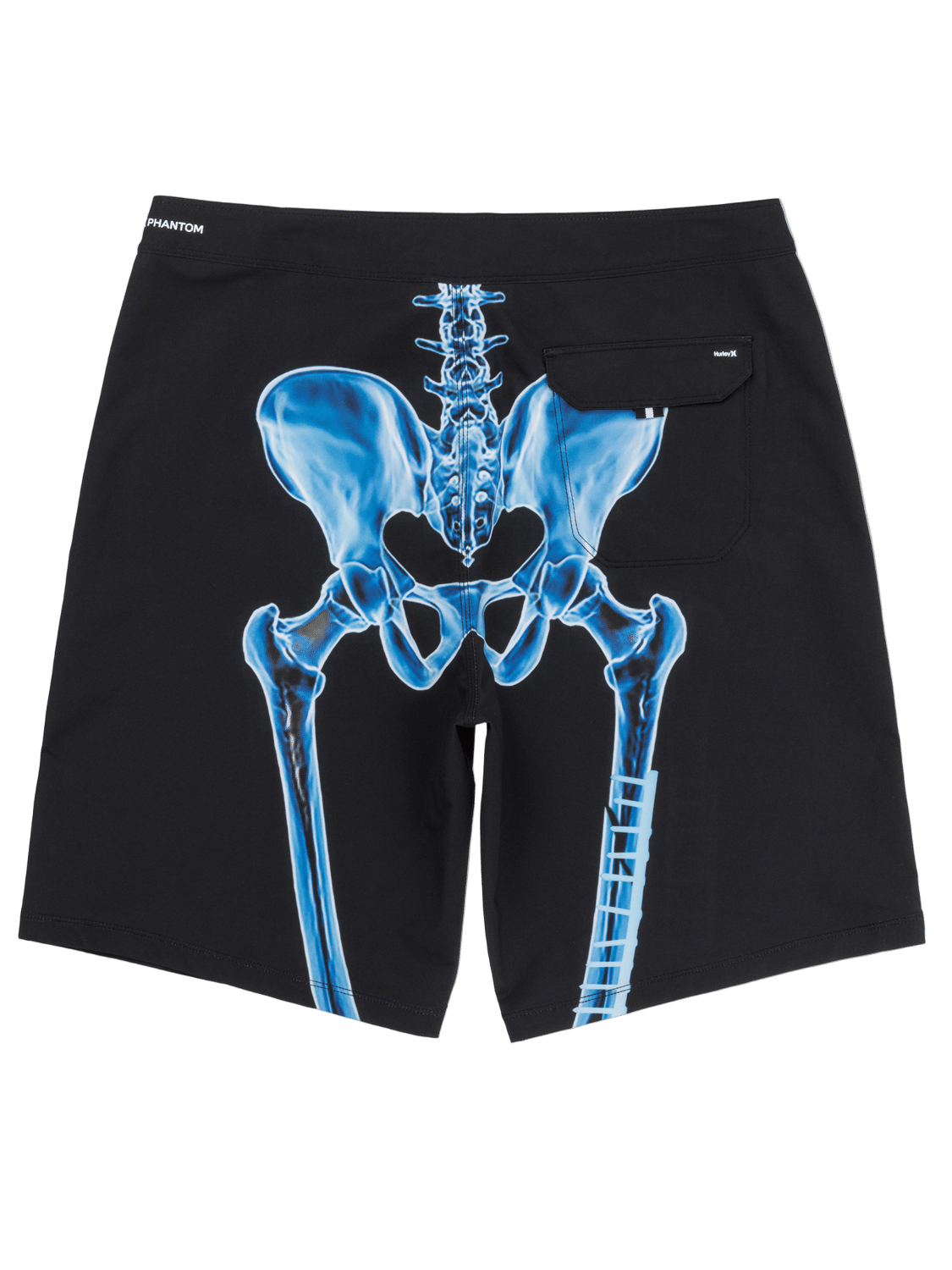Black shorts with blue skeleton design on a white background