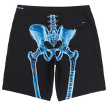 Black shorts with blue skeleton design on a white background