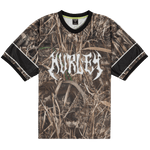 Camouflage-patterned t-shirt with a brand logo on a white background