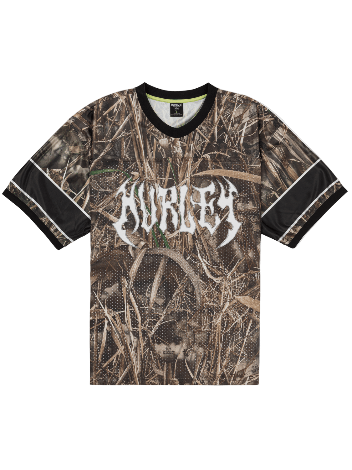 Camouflage-patterned t-shirt with a brand logo on a white background