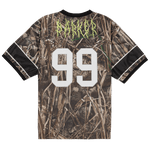 Camouflage jersey with number 99 and brand logo on a white background