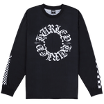 A long sleeve black Hurley x Travis Barker Check Out Jersey with white text and checkered patterns on the sleeves.