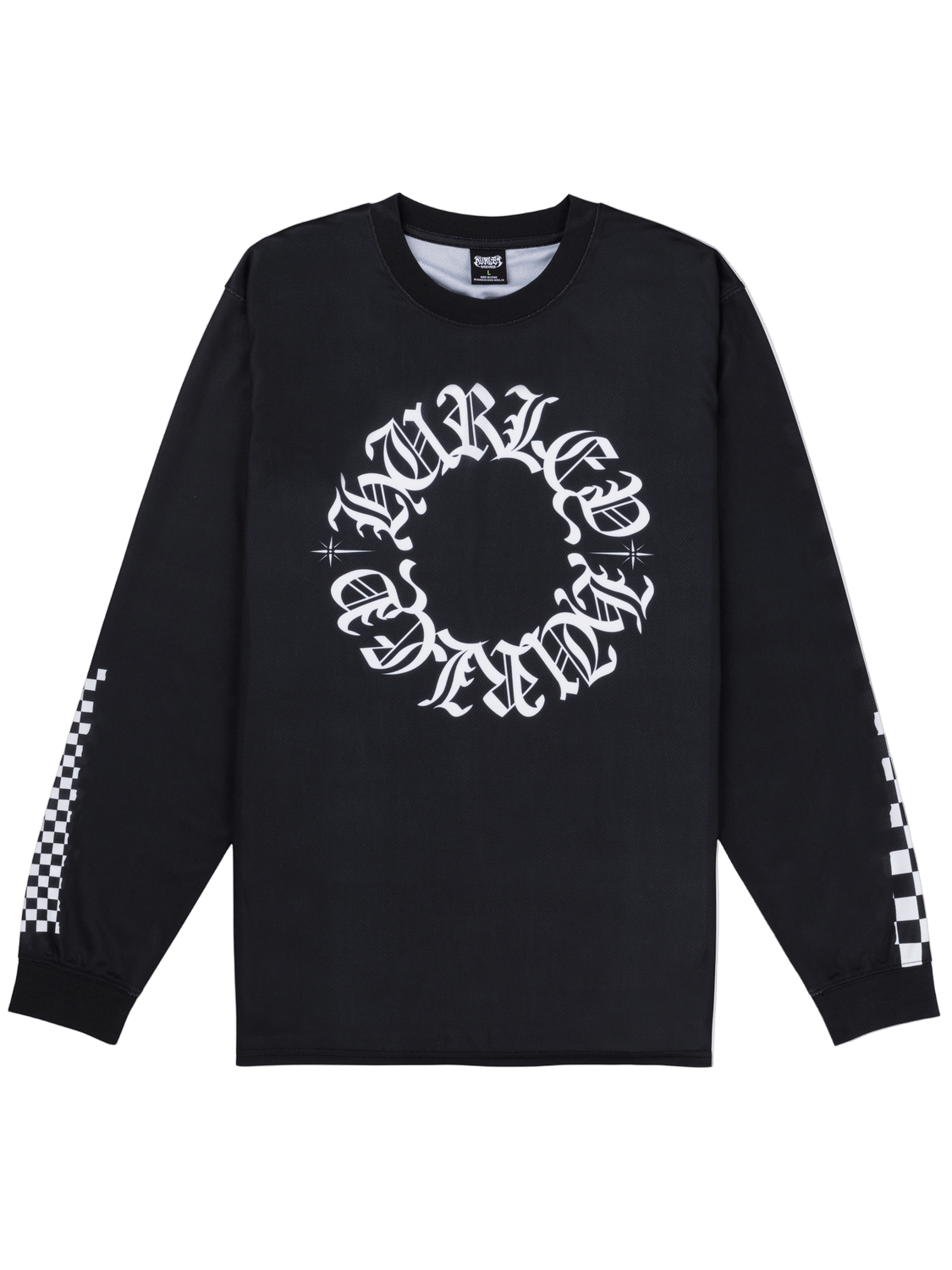 A long sleeve black Hurley x Travis Barker Check Out Jersey with white text and checkered patterns on the sleeves.