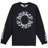 A long sleeve black Hurley x Travis Barker Check Out Jersey with white text and checkered patterns on the sleeves.