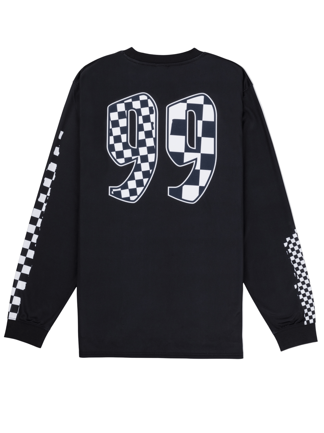 Black long-sleeve shirt with checkered '99' design on a white background