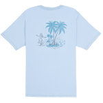 Light blue t-shirt with a palm tree and person graphic on the back against a white background