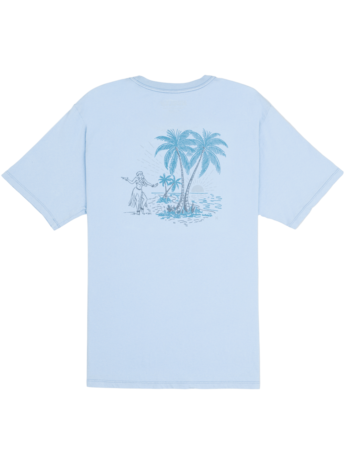 Light blue t-shirt with a palm tree and person graphic on the back against a white background