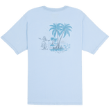 Light blue t-shirt with a palm tree and person graphic on the back against a white background