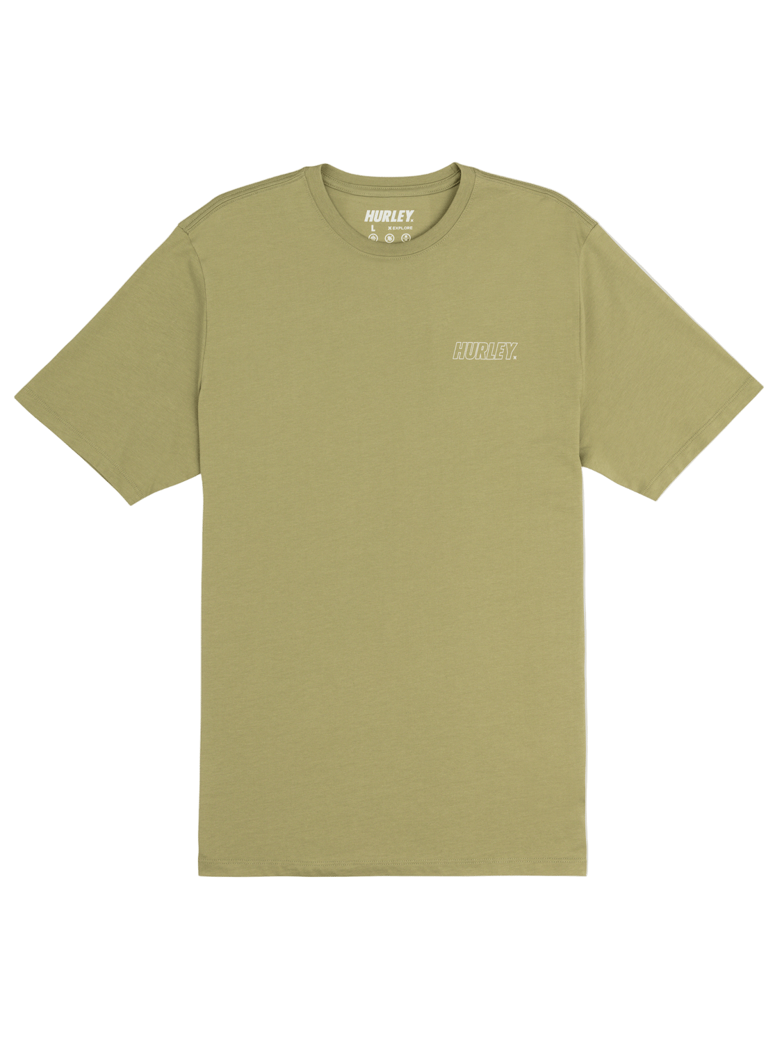 Olive green t-shirt with a brand logo on a white background