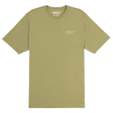 Olive green t-shirt with a brand logo on a white background