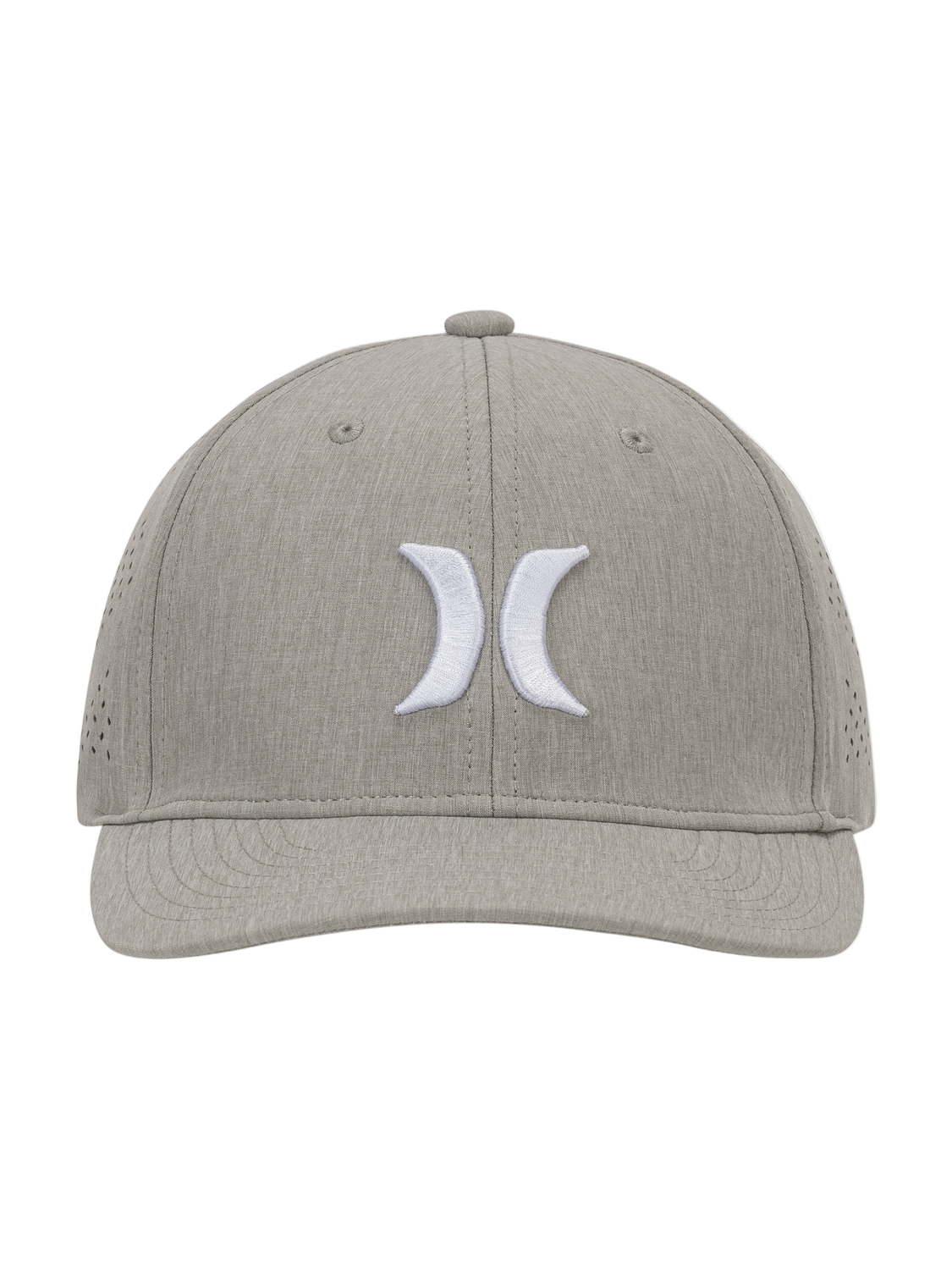 Gray cap with a white logo on a white background
