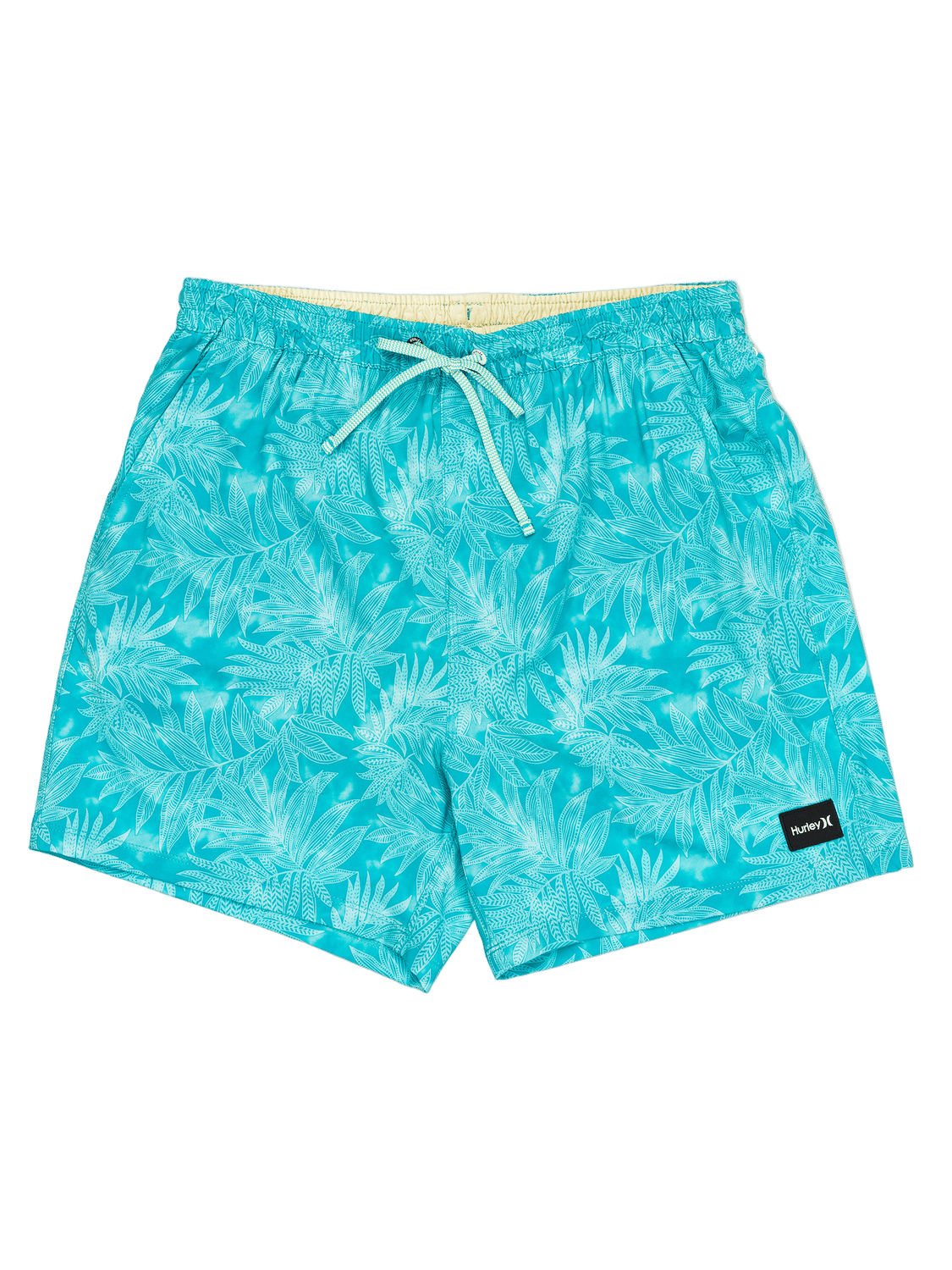 Turquoise swim shorts with leaf pattern on a white background