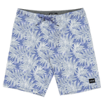 Blue shorts with white leaf pattern on a white background