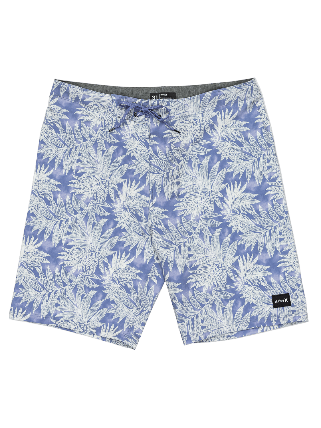 Blue shorts with white leaf pattern on a white background