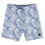 Blue shorts with white leaf pattern on a white background