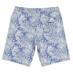 Blue shorts with white leaf pattern on a white background
