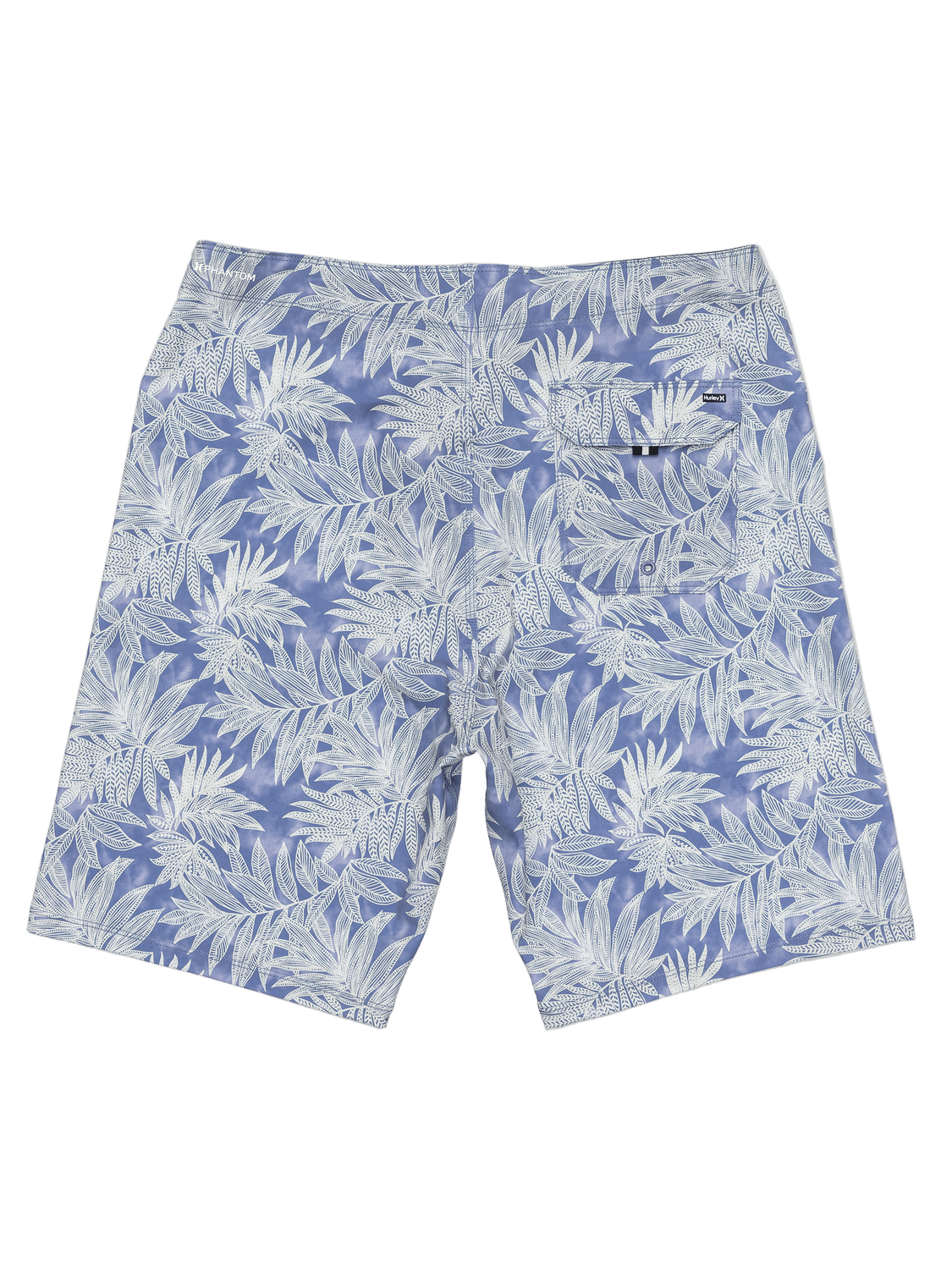 Blue shorts with white leaf pattern on a white background