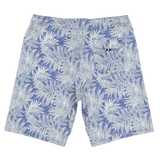 Blue shorts with white leaf pattern on a white background