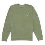 Green sweatshirt with a colorful graphic on the chest against a white background