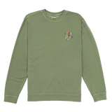 Green sweatshirt with a colorful graphic on the chest against a white background