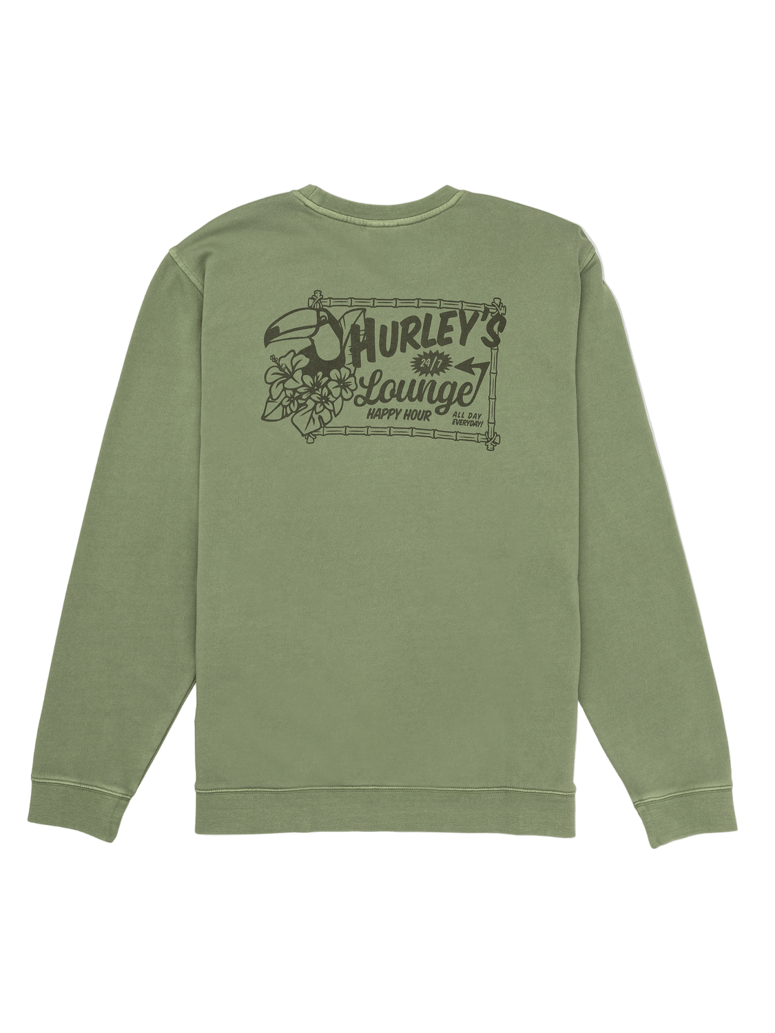 Green sweatshirt with a graphic design on the back against a white background