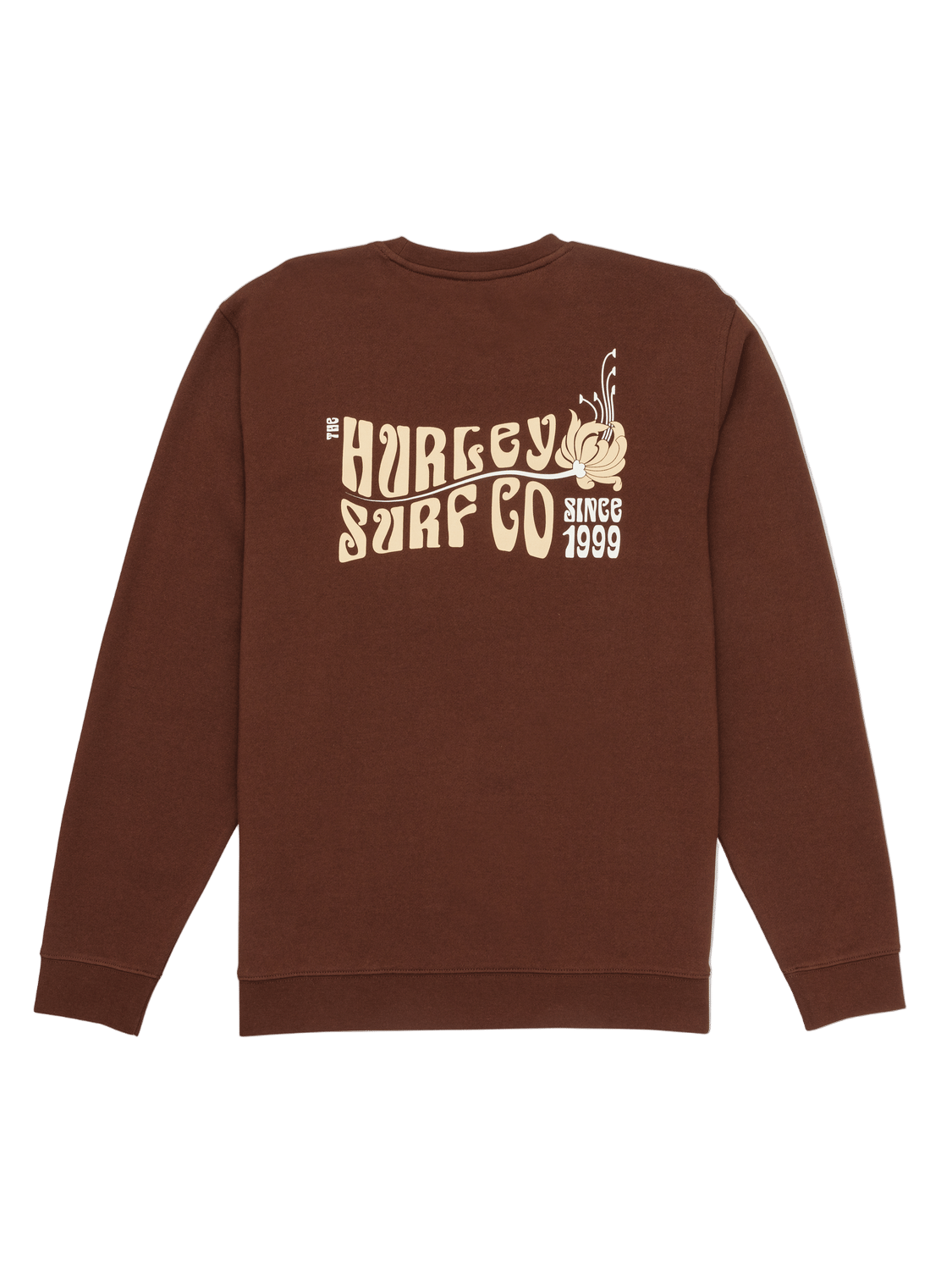 Brown sweatshirt with 'The Hurley Surf Co' logo on a white background