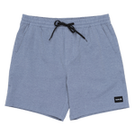 Blue shorts with a black drawstring and brand label on a white background