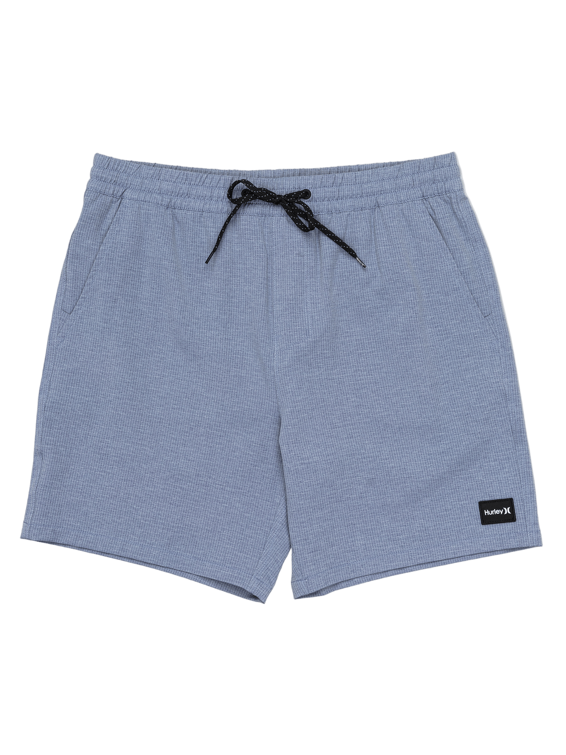 Blue shorts with a black drawstring and brand label on a white background