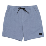 Blue shorts with a black drawstring and brand label on a white background