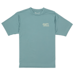 Teal t-shirt with a small logo on a white background