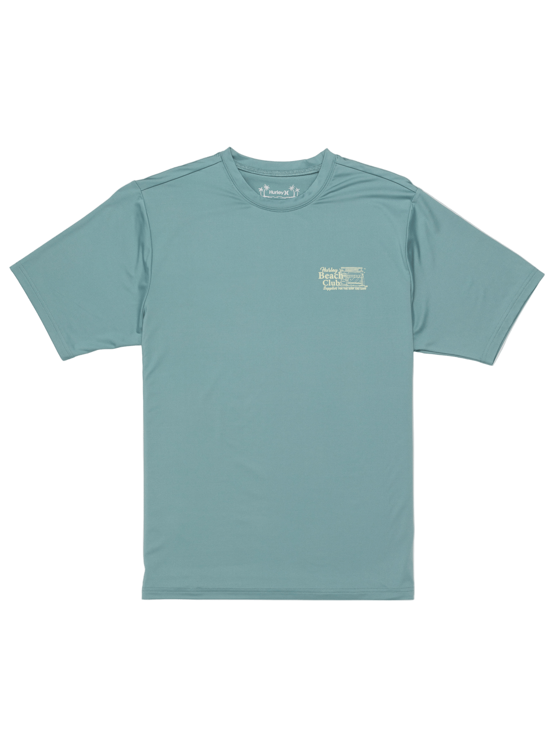 Teal t-shirt with a small logo on a white background
