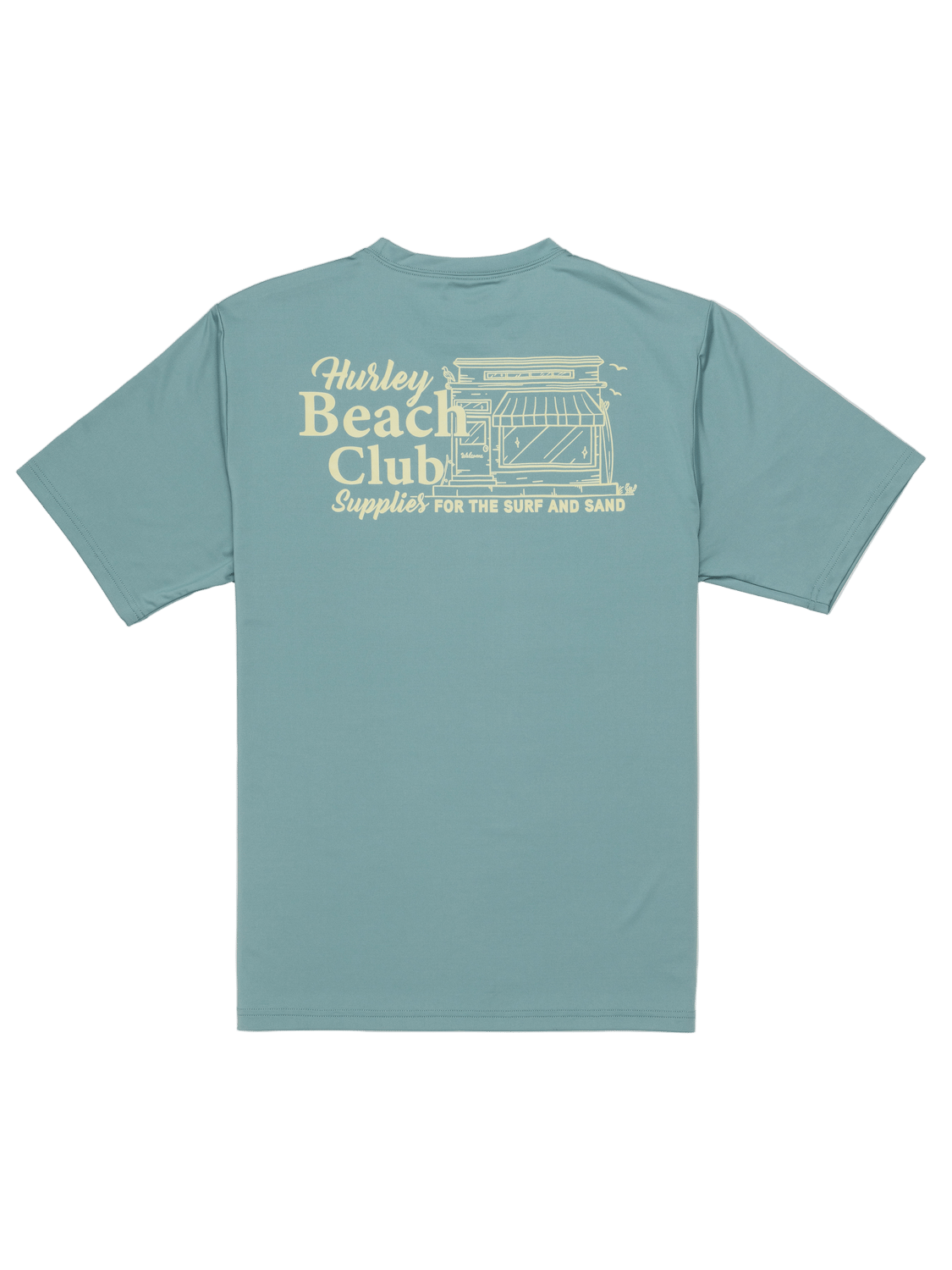 Teal t-shirt with 'Hurley Beach Club' graphic on a white background