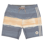 Striped board shorts with a logo on a white background