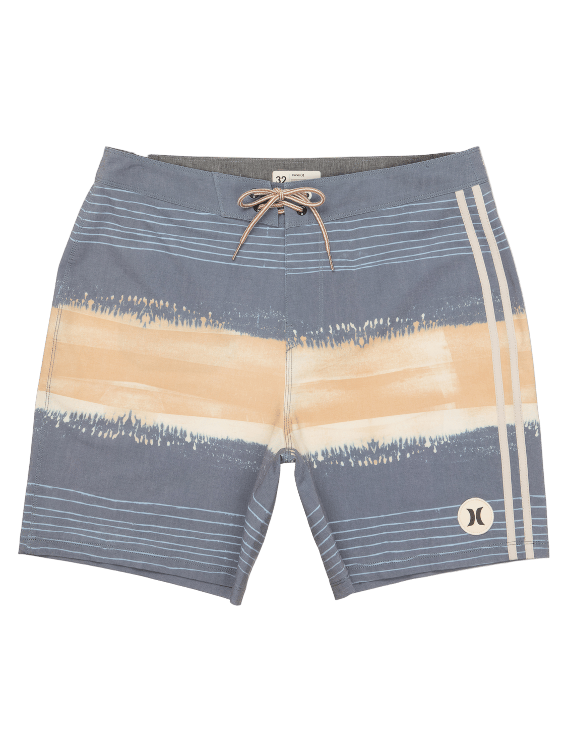 Striped board shorts with a logo on a white background