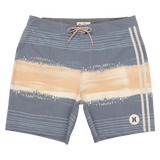 Striped board shorts with a logo on a white background
