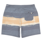 Board shorts with a striped pattern on a white background