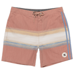 Multicolored striped shorts with a brand logo on a white background