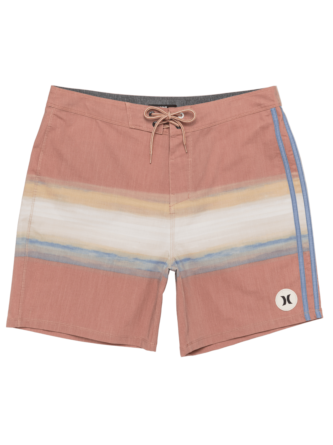 Multicolored striped shorts with a brand logo on a white background