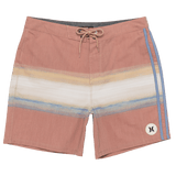 Multicolored striped shorts with a brand logo on a white background