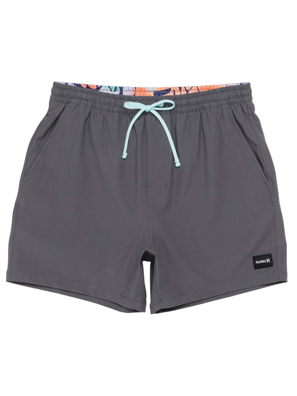 Gray shorts with a drawstring on a white background