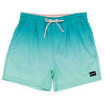 Teal swim shorts with a brand label on a white background